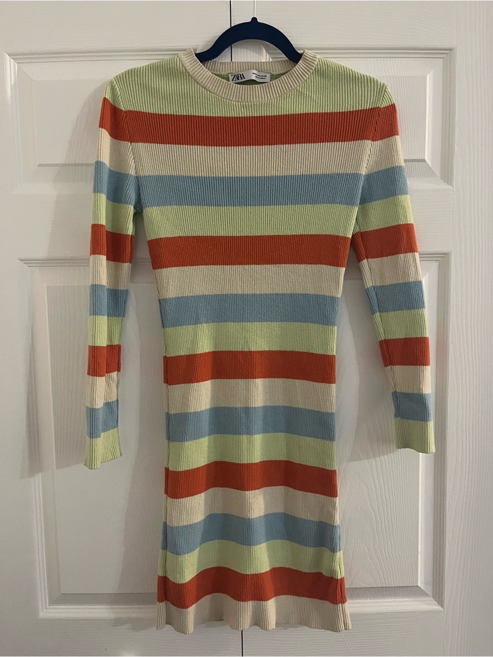 Zara Long-Sleeve Striped Ribbed Knit Dress in Cream, Orange, Blue & Lime